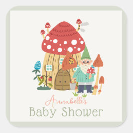 Pegatina Cuadrada Gnome Garden Mushroom Green Boy Baby Shower