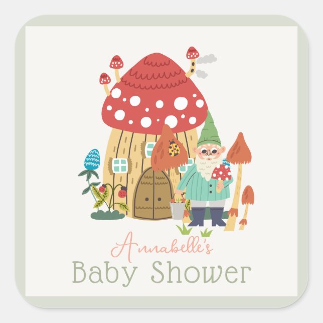 Pegatina Cuadrada Gnome Garden Mushroom Green Boy Baby Shower (Anverso)