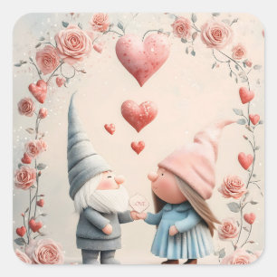 Pegatina Cuadrada Gnome Love caprichoso: Adorable arte El día de San