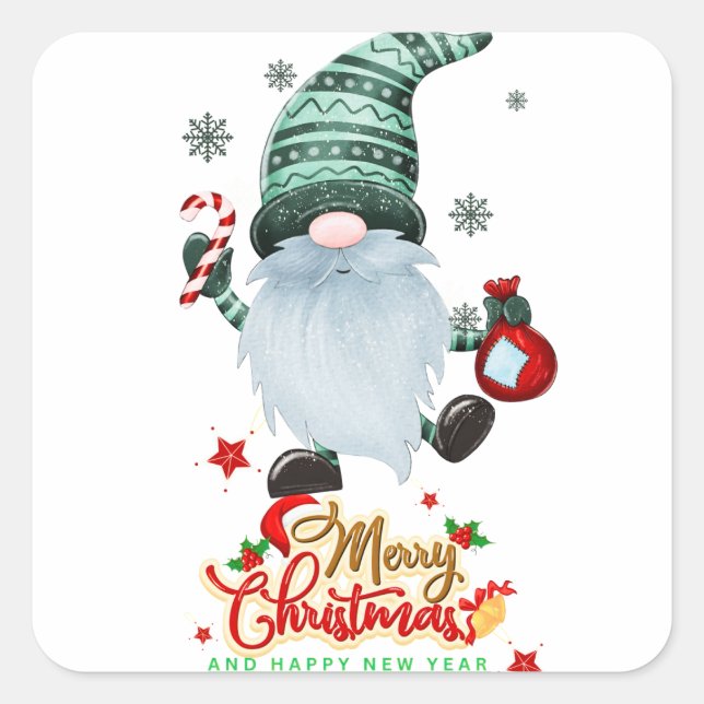 Pegatina Cuadrada Gnome para Navidades (Anverso)