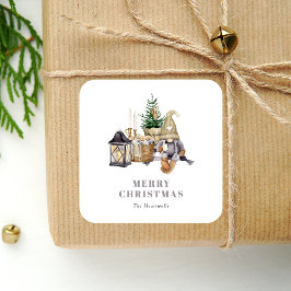 Pegatina Cuadrada Gnome Rústico de Navidad en Acuarela