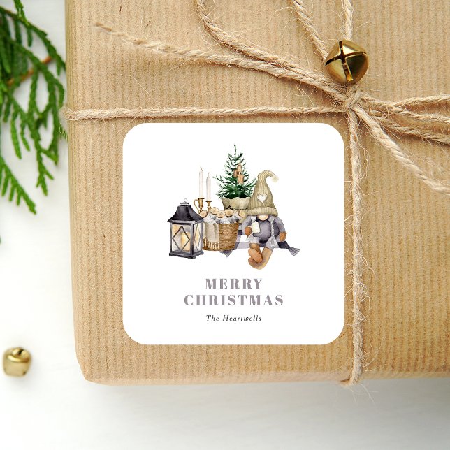Pegatina Cuadrada Gnome Rústico de Navidad en Acuarela (Subido por el creador)