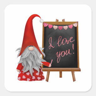 Pegatina Cuadrada Gnome vintage con corazones y mensajes de amor Pla