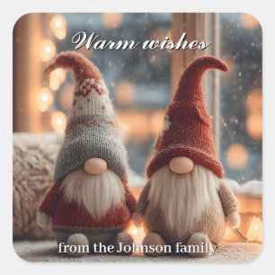 Pegatina Cuadrada Gnomes de navidades en ventana de ventana con text
