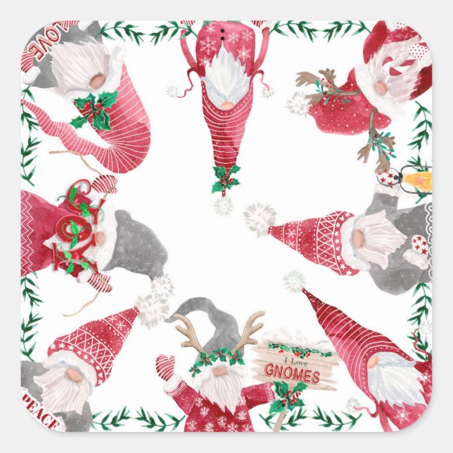 Pegatina Cuadrada Gnomes Navidades Holiday Red Gray Cute Watercolor (Anverso)
