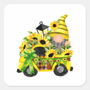 Pegatina Cuadrada Gnomes Sunflower Truck