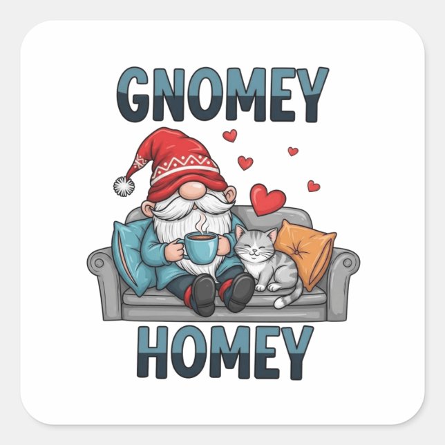 Pegatina Cuadrada Gnomey homey gnome en casa (Anverso)