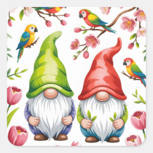 Pegatina Cuadrada Gnomo de jardín con loros tropicales 