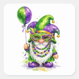 Pegatina Cuadrada Gnomo de Mardi Gras con globo de fiesta