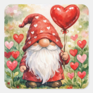 Pegatina Cuadrada Gnomo del Día de San Valentín con globo de corazón