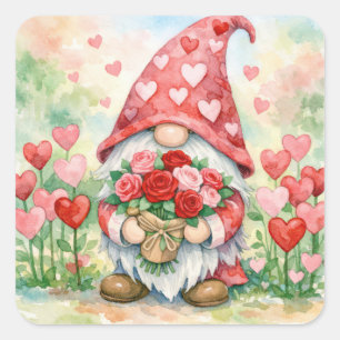 Pegatina Cuadrada Gnomo del Día de San Valentín con Rosas Rojas