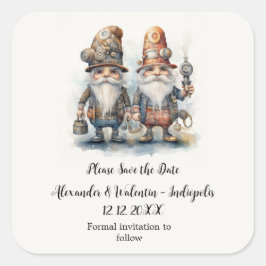 Pegatina Cuadrada Gnomos de fiesta guardan la fecha