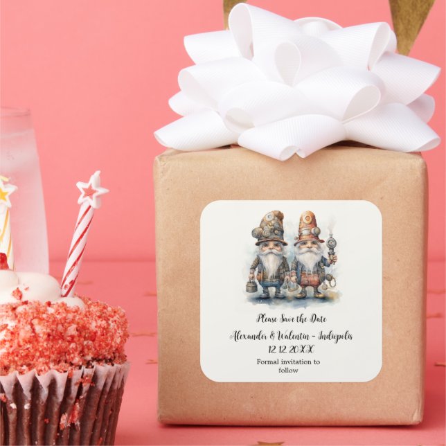 Pegatina Cuadrada Gnomos de la fiesta guardan la fecha (Fiesta)