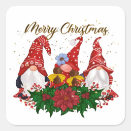 Pegatina Cuadrada Gnomos de Navidad Poinsettia Bosque Caprichoso