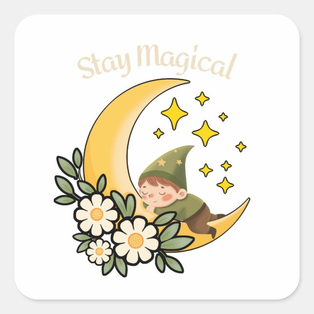 Pegatina Cuadrada Gnomos Mágicos en la Luna Creciente  (Anverso)