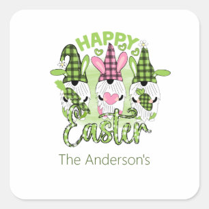 Pegatina Cuadrada Gnomos personalizados Feliz Pascua Rosa Verde