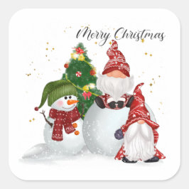 Pegatina Cuadrada Gnomos y muñecos de nieve Feliz Navidad