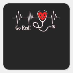 Pegatina Cuadrada Go Red Heartbeat Enfermedades cardíacas Supervivie