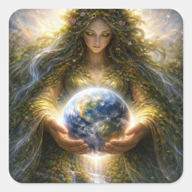 Pegatina Cuadrada Goddess Gaia Gently Holding Planet Earth (Anverso)