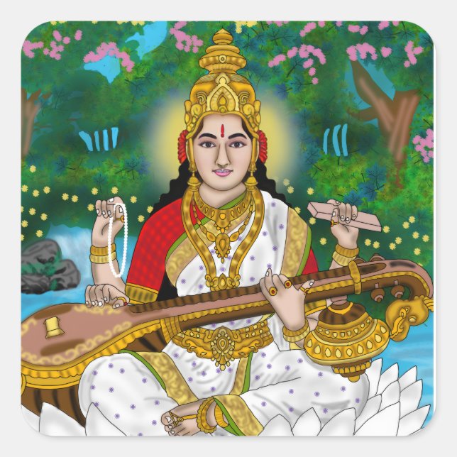 Pegatina Cuadrada Goddess Saraswati Sticker (Anverso)