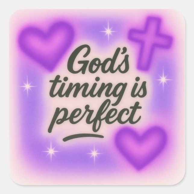 Pegatina Cuadrada god's timing is perfect airbrush retro 90s purple  (Anverso)