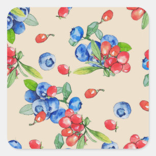 Pegatina Cuadrada Goji, arándano azul: patrón de ilustracion acuátic