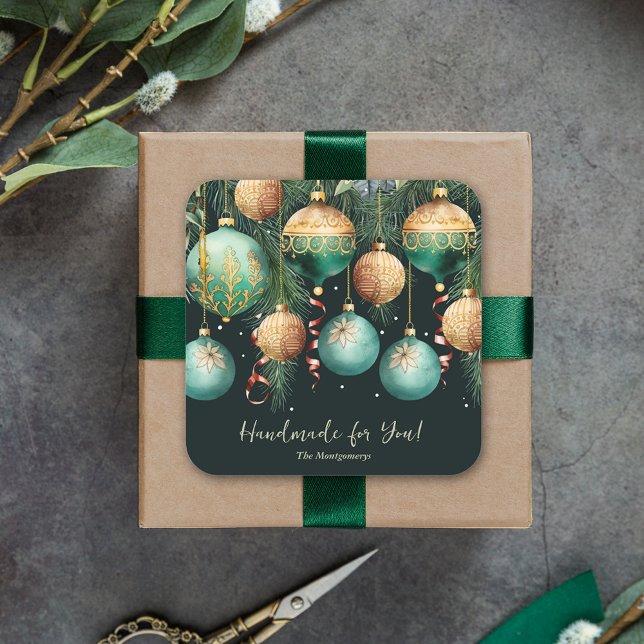 Pegatina Cuadrada Gold and Green Christmas Ornaments (Gold and green tree ornaments Handmade for You square 3" stickers)