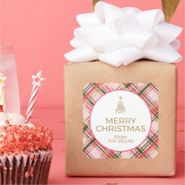 Pegatina Cuadrada Gold and pink Christmas plaid