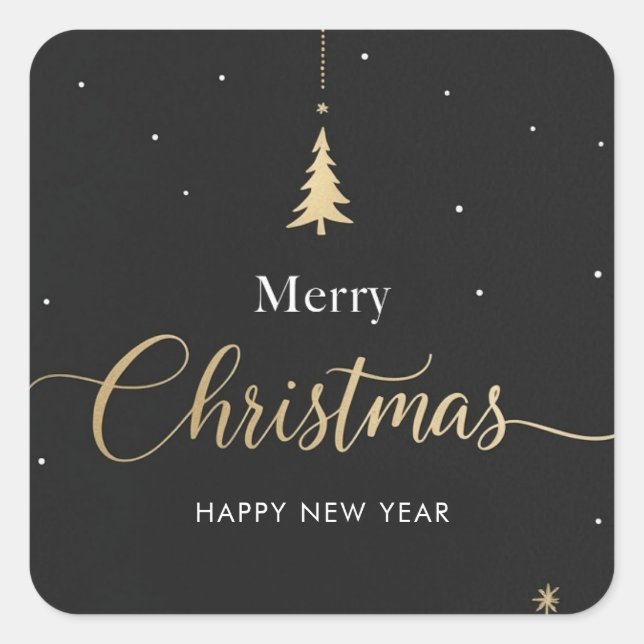 Pegatina Cuadrada Gold & Black Merry Christmas Calligraphic (Anverso)