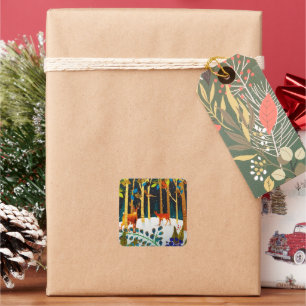 Pegatina Cuadrada Gold Cosy Winter Deer Forest Watercolor
