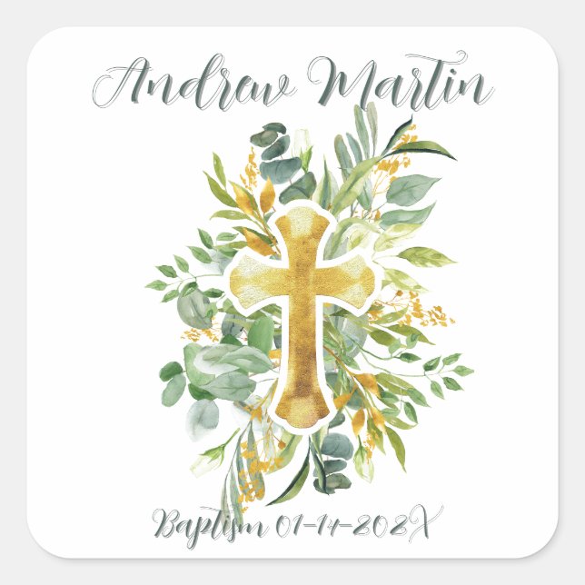 Pegatina Cuadrada Gold Cross Floral acuarela Bautismo Primera Comuni (Anverso)