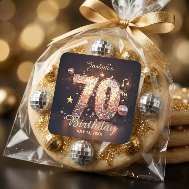 Pegatina Cuadrada Gold Disco Ball Music Notes 70th Birthday Party (Subido por el creador)