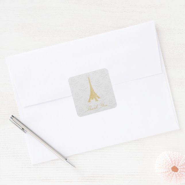 Pegatina Cuadrada Gold Eiffel Tower Damask Gracias Pegatinas (Sobre)