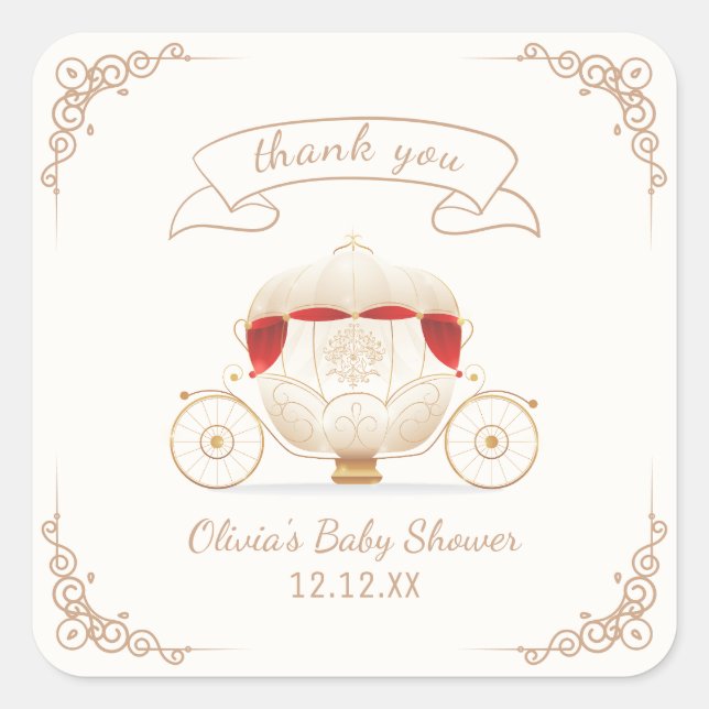 Pegatina Cuadrada Gold Elegant Fairytale Carriage Baby Shower  (Anverso)