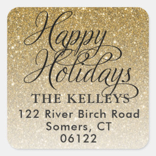 Pegatina Cuadrada Gold Glitter Happy Holidays Address Seal