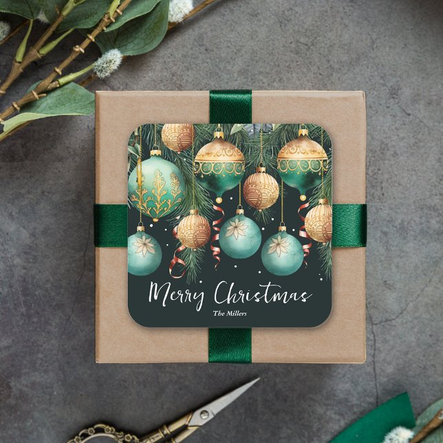 Pegatina Cuadrada Gold Green Merry Christmas Ornaments (Gold and green tree ornaments Merry Christmas square 3" stickers)
