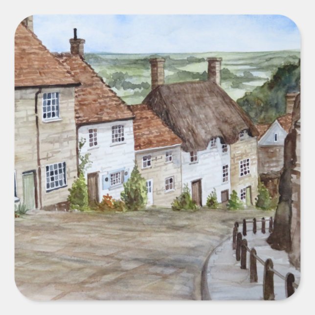 Pegatina Cuadrada Gold Hill, Shaftesbury, pintura Dorset Watercolor (Anverso)