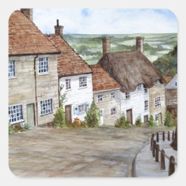 Pegatina Cuadrada Gold Hill, Shaftesbury, pintura Dorset Watercolor