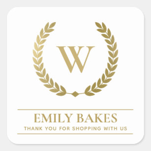 PEGATINA CUADRADA GOLD LAUREL WREATH INITIAL LOGO BUSINESS GRACIAS