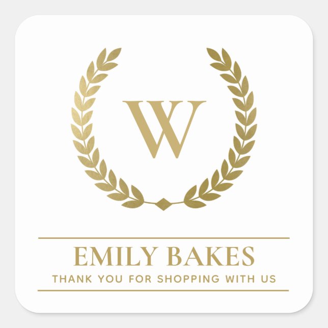 PEGATINA CUADRADA GOLD LAUREL WREATH INITIAL LOGO BUSINESS GRACIAS (Anverso)