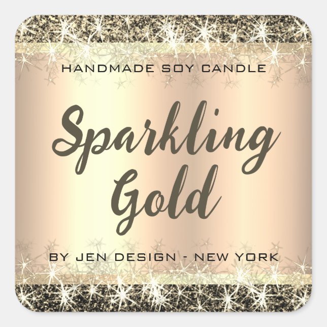 Pegatina Cuadrada Gold Purpurina Stars Custom Name Luxurious Golden (Anverso)