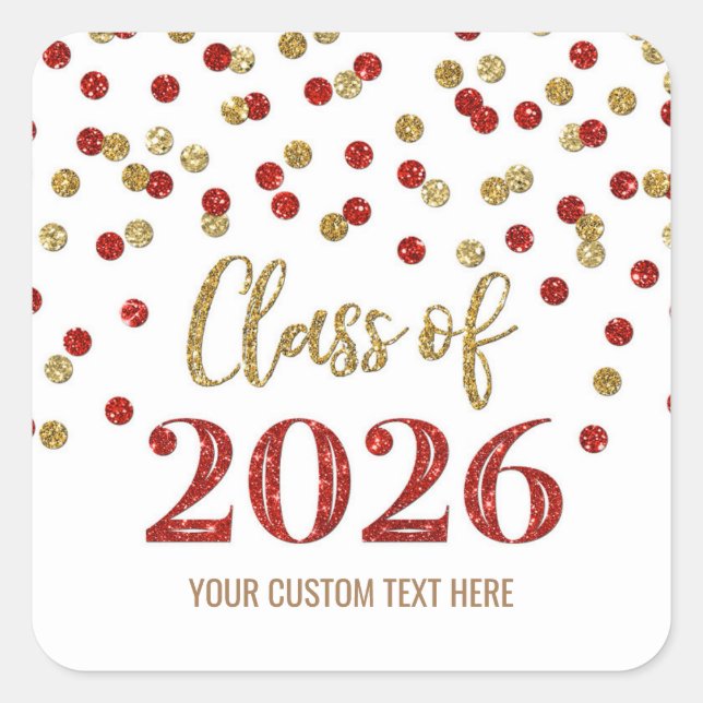 Pegatina Cuadrada Gold Red Confetti Graduation 2026  (Anverso)