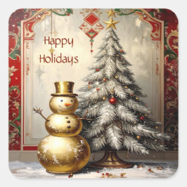 Pegatina Cuadrada Gold Snowman Christmas Tree Holiday Sticker