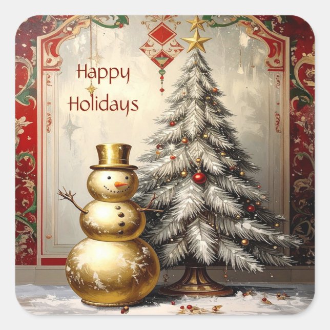 Pegatina Cuadrada Gold Snowman Christmas Tree Holiday Sticker (Anverso)