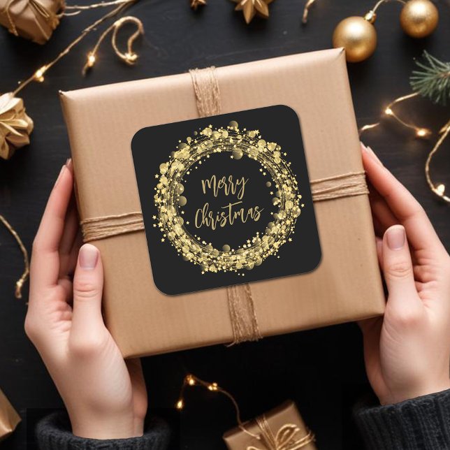 Pegatina Cuadrada Gold Stars Feliz Navidad (Merry Christmas twinkling gold stars square stickers)