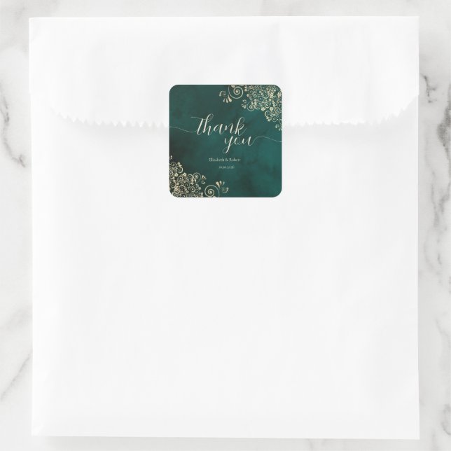 Pegatina Cuadrada Gold Swirls Emerald Green Wedding (Bolso)