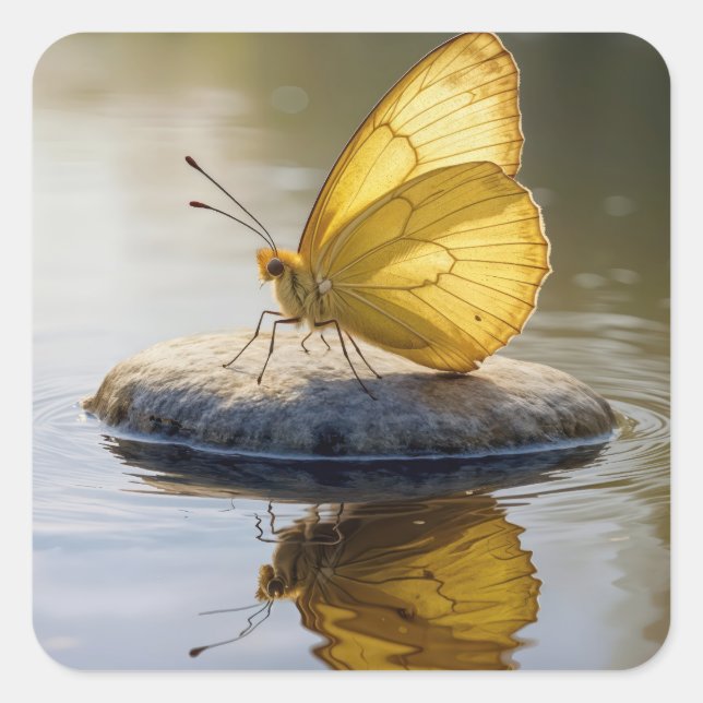 Pegatina Cuadrada Golden Butterfly On a Rock in Water (Anverso)