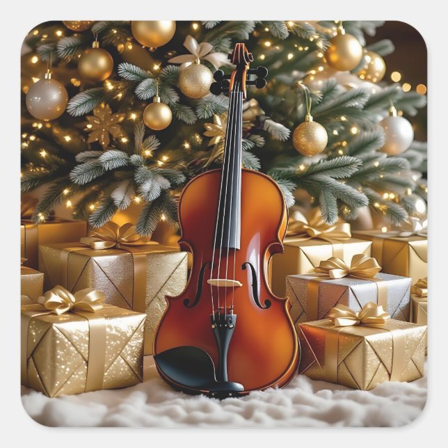 Pegatina Cuadrada Golden Christmas Tree, Gifts and Violin (Anverso)