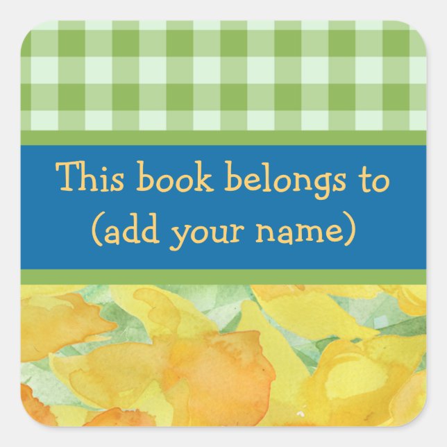 Pegatina Cuadrada Golden Daffodils y Gingham Bookplate (Anverso)