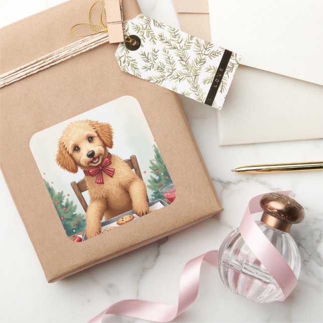 Pegatina Cuadrada Golden Doodle Decorating Christmas Cookies (Regalar)